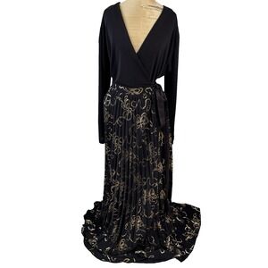 LulaRoe Deanne Wrap Dress Black Gold Bows L Pleats Elegant Collection Rockabilly